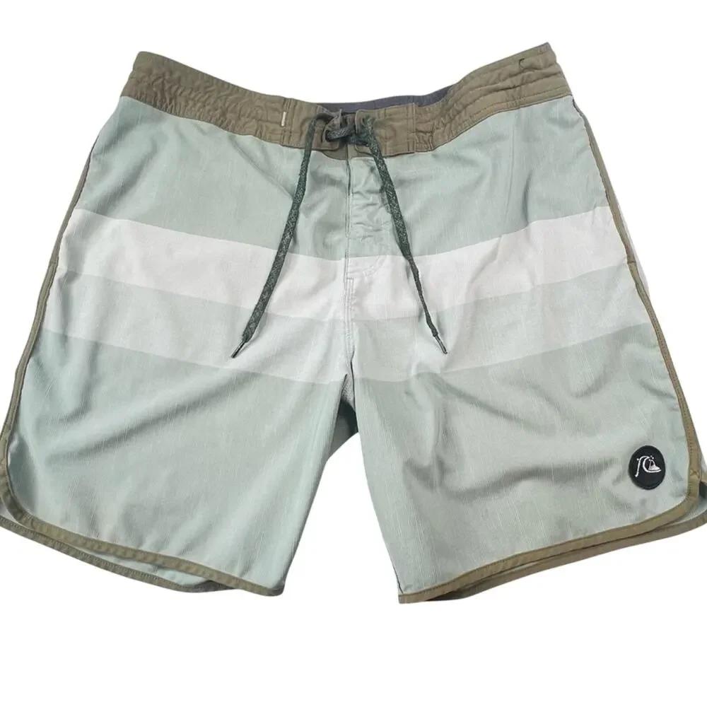 Quiksilver Mens Boardshorts 38 Sage Green Colorblock Stripe Swim Shorts Stretch